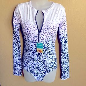 Aonishua full top sun coverage swimsuit full zip front NWT Lg blue purple white